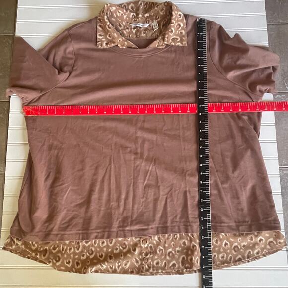 Isaac Mizrahi French Terry & Woven Layered Top-Chestnut Mousse size 3X - Picture 10 of 11